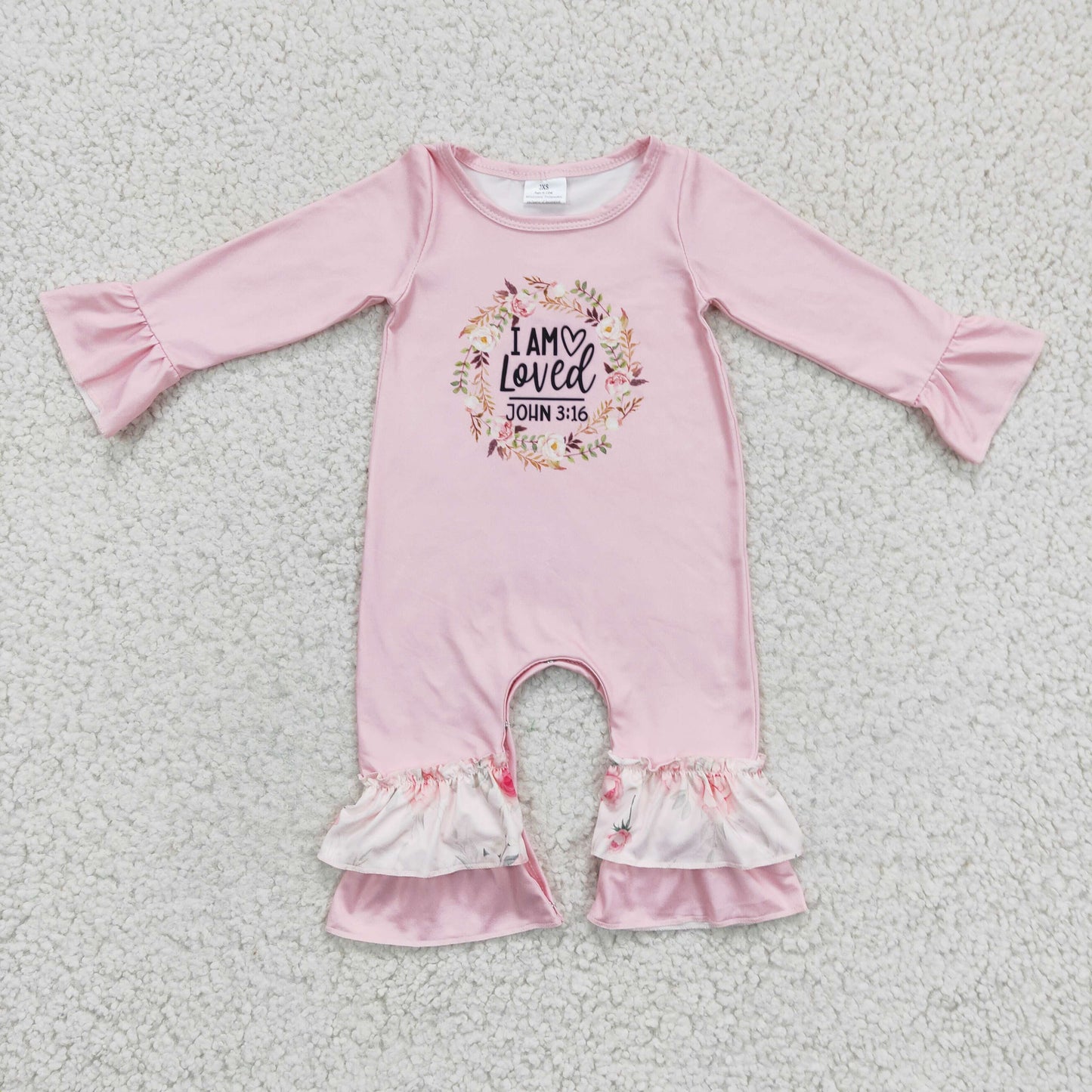 LR0217 baby girls pink long sleeve ruffle romper with flowers pattern