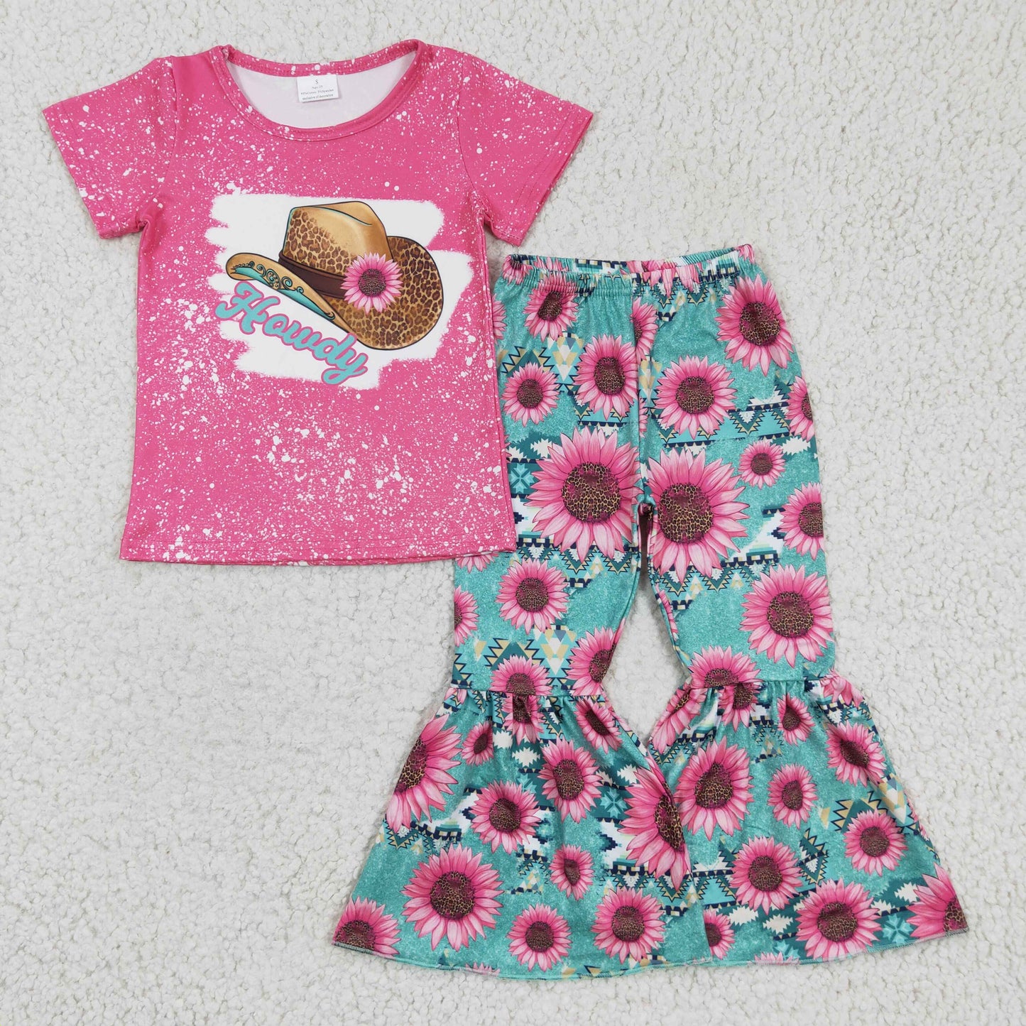 GSPO0232 girl pink short sleeve t-shirt match flowers pattern blue elastic waist bell pants