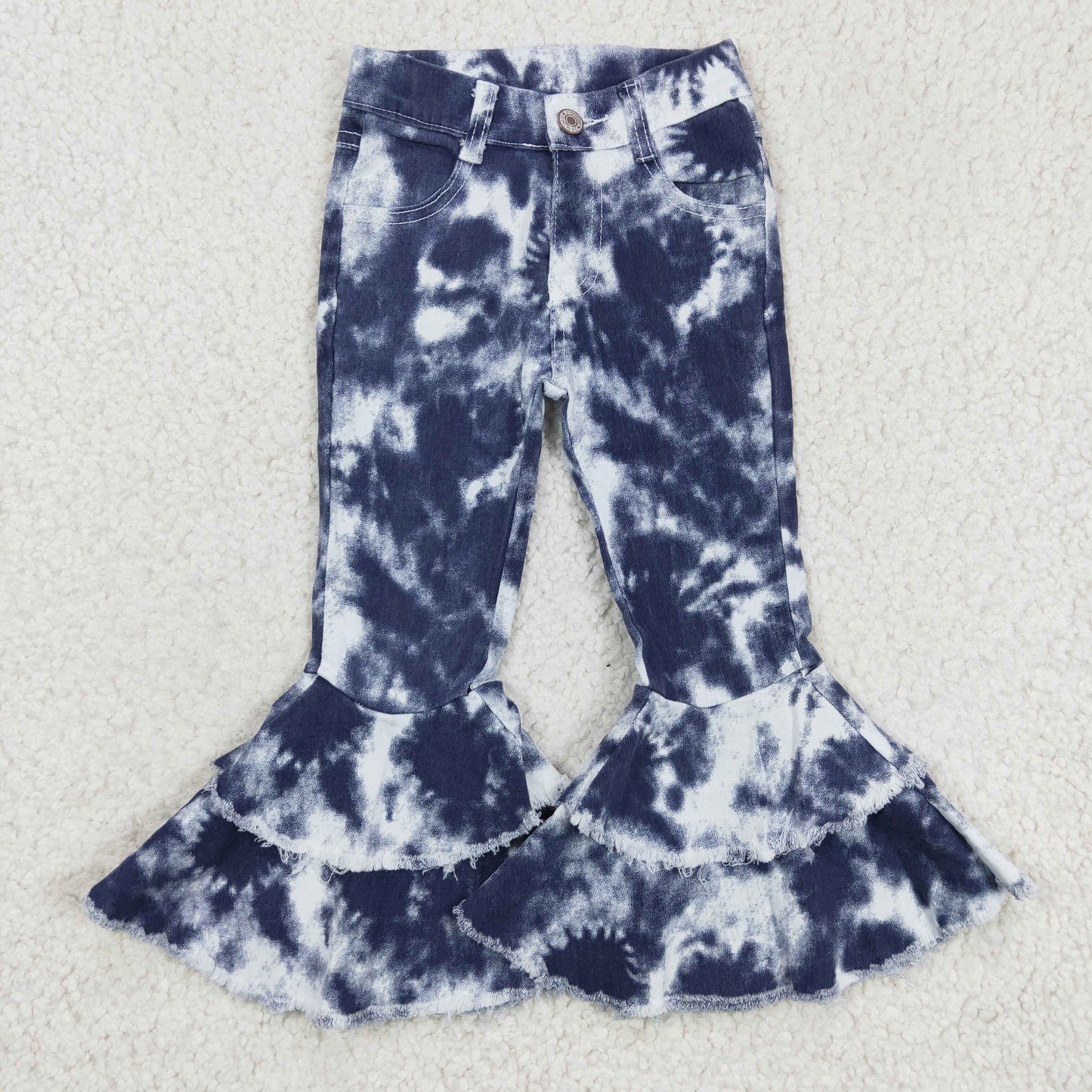 P0035 ready to ship girl fashion tie-dye double ruffle bell bottom high quality jeans