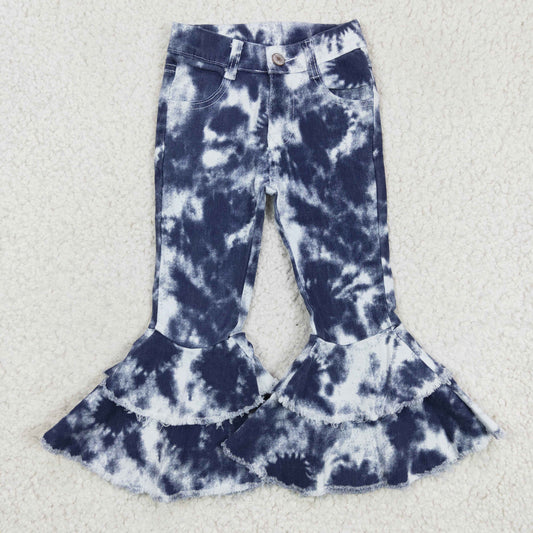 P0035 ready to ship girl fashion tie-dye double ruffle bell bottom high quality jeans