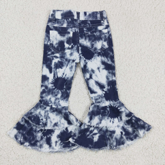 P0035 ready to ship girl fashion tie-dye double ruffle bell bottom high quality jeans