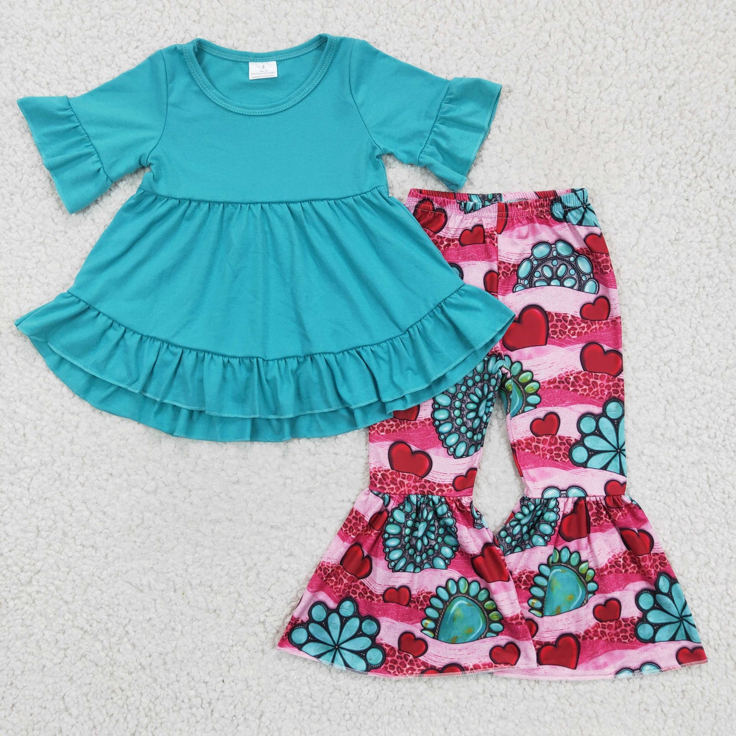 GSPO0237 girl blue short sleeve ruffle top match heart bell pants 2pieces set