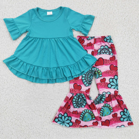 GSPO0237 girl blue short sleeve ruffle top match heart bell pants 2pieces set