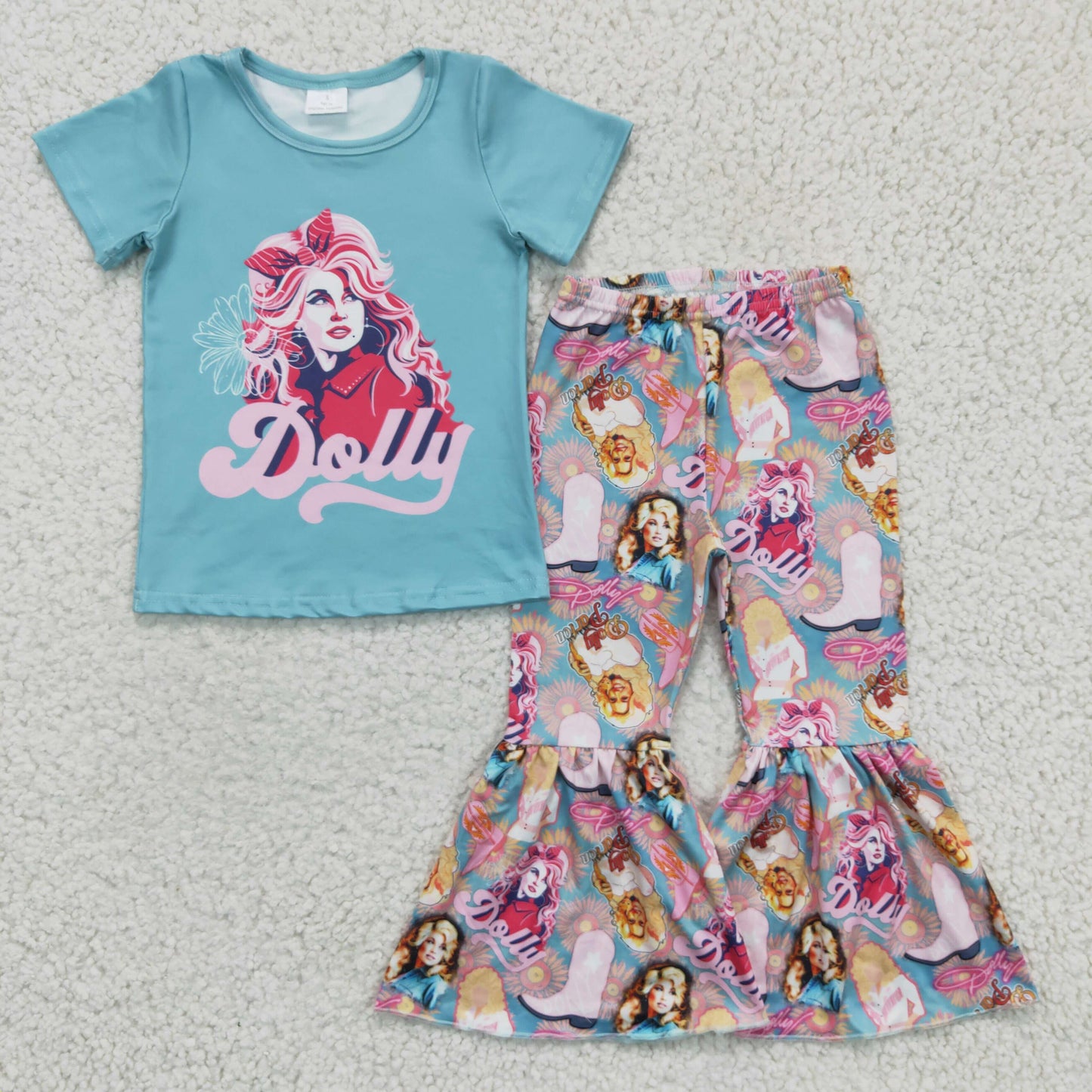 GSPO0224 girl blue short sleeve shirt and elastic waist pants 2pieces set