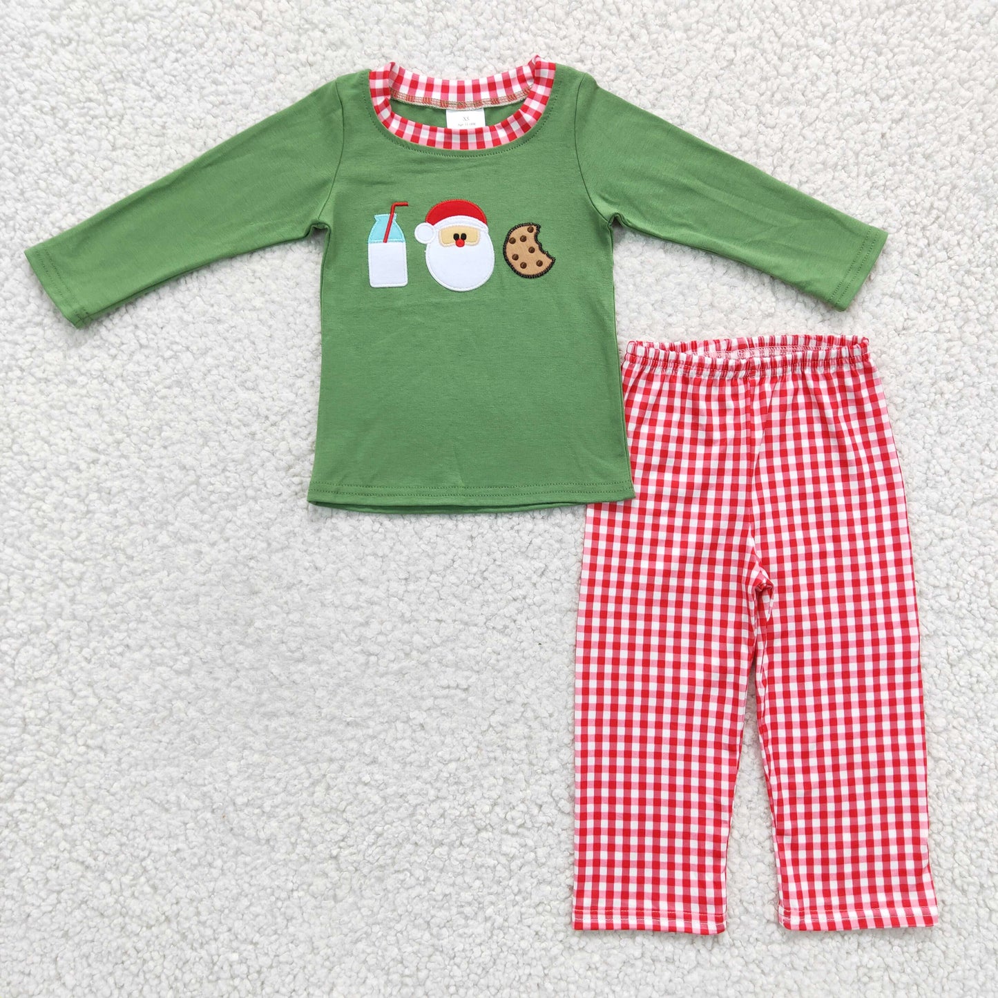 BLP0147 boy green cotton long sleeve with milk santa and cookies embroidery match plaid pants