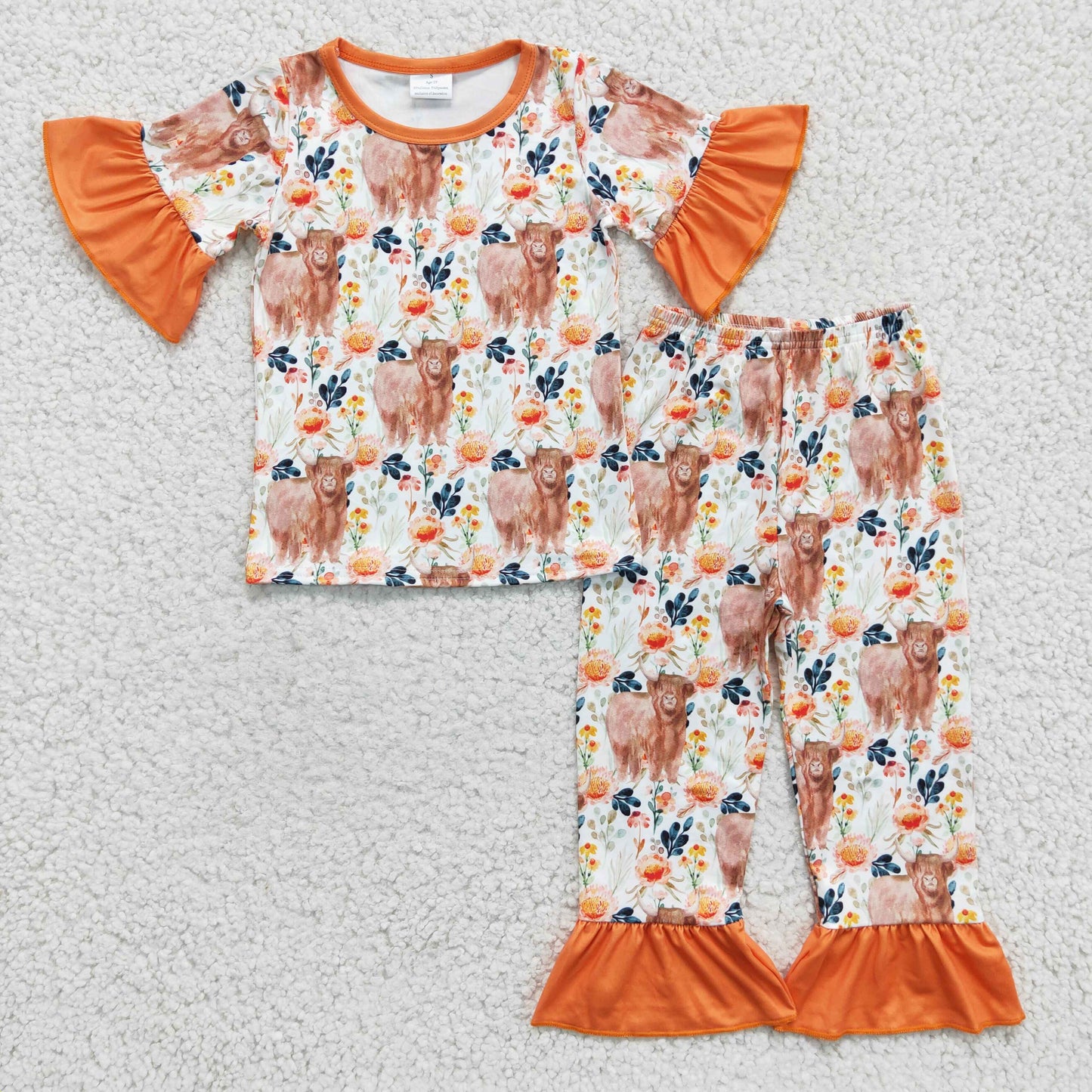 GSPO0222 baby girls highland cow and flowers pattern short sleeve outfit with orange ruffle