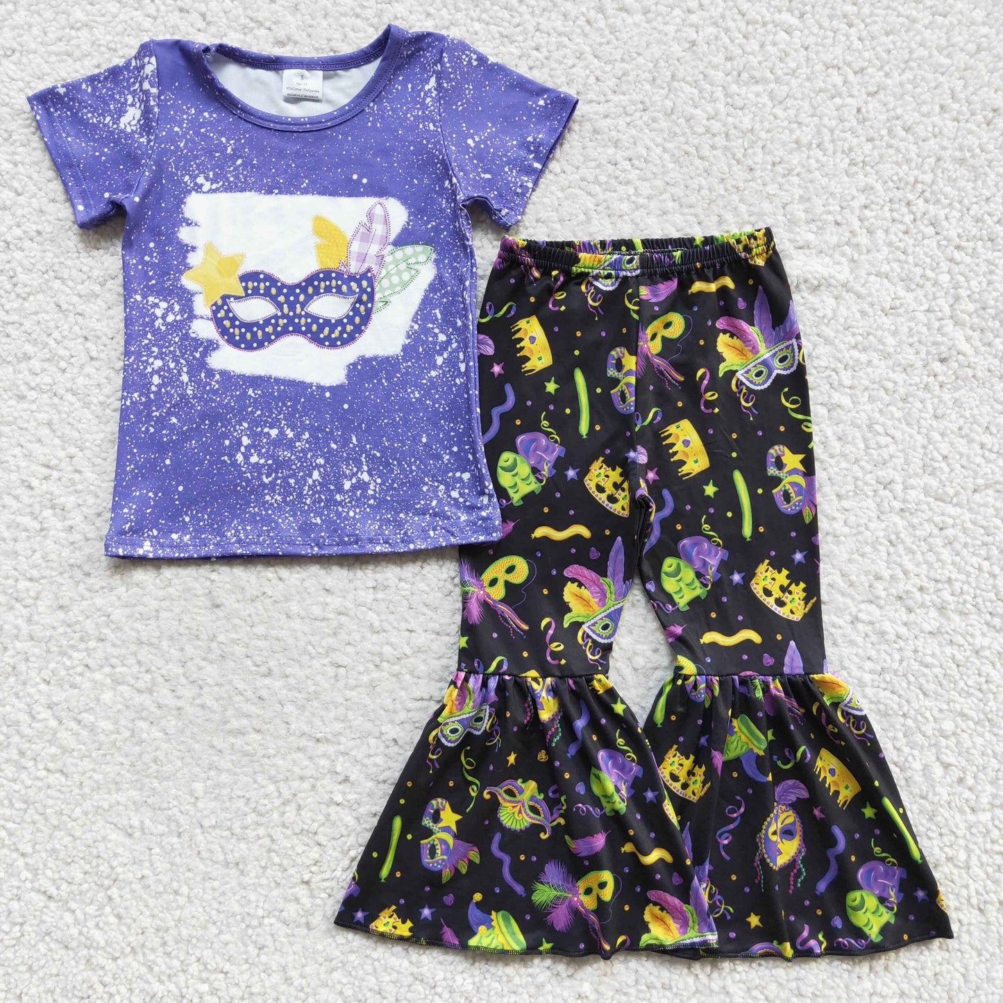 GSPO0220 girl purple short sleeve shirt match black elastic waist bell pants