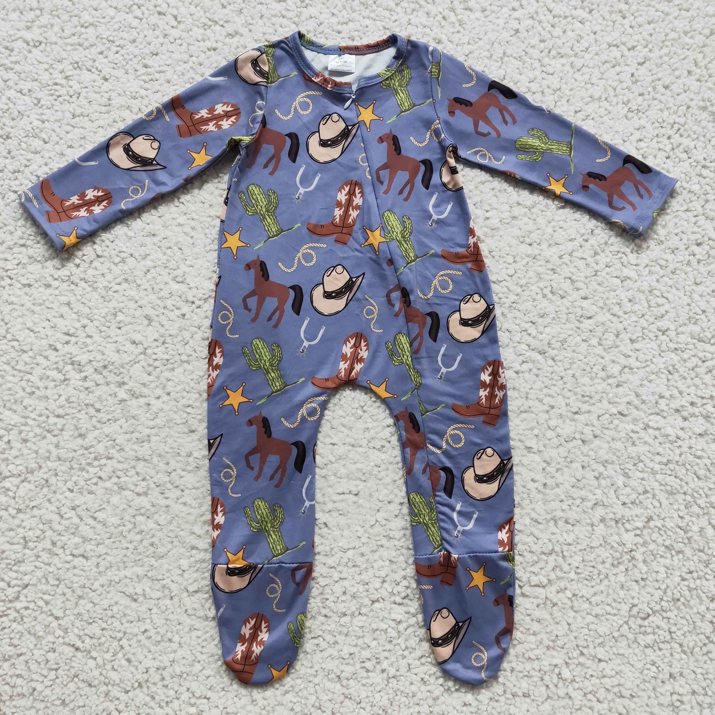 LR0230 infants baby dark blue long sleeve cactus and horse pattern zipper romper