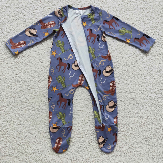 LR0230 infants baby dark blue long sleeve cactus and horse pattern zipper romper