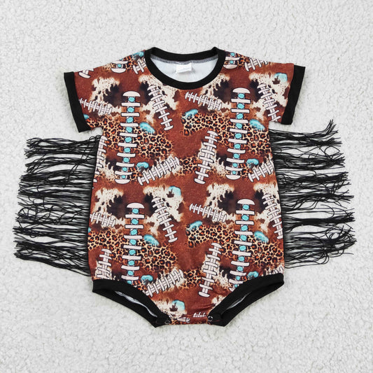 SR0113 infants baby short sleeve brown leopard print romper with black tassel