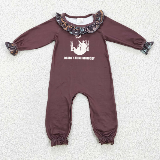 LR0198 baby girls brown long sleeve romper with ruffle o-neck