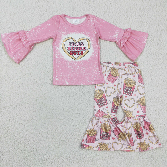 GLP0354 girl pink flare long sleeve top heart and fries print bell pants outfit