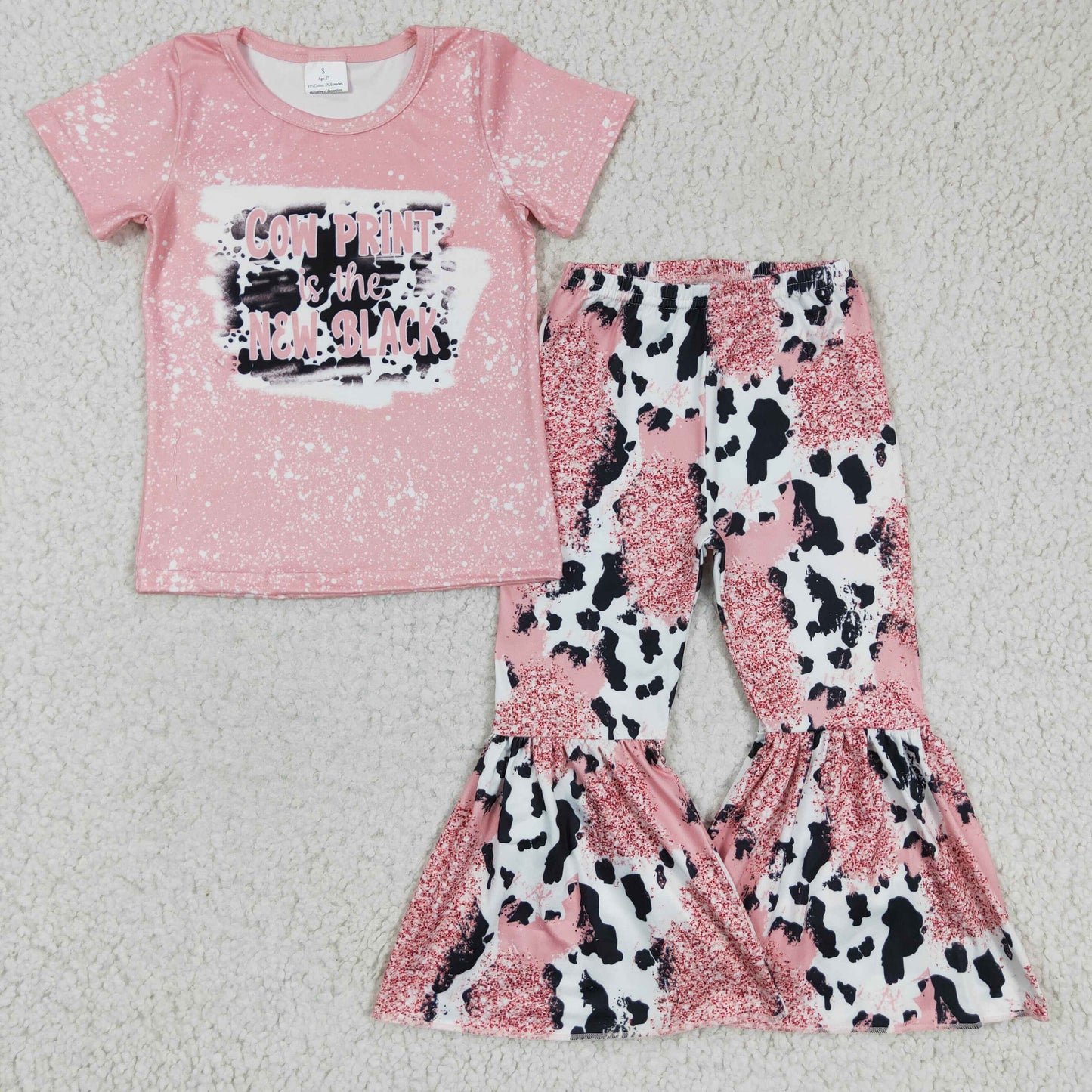 GSPO0223 girl short sleeve t-shirt match pink milk cow print bell bottom outfit