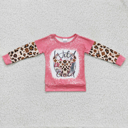 GT0083 girl leopard stitching pink long sleeve top with cow and cactus print