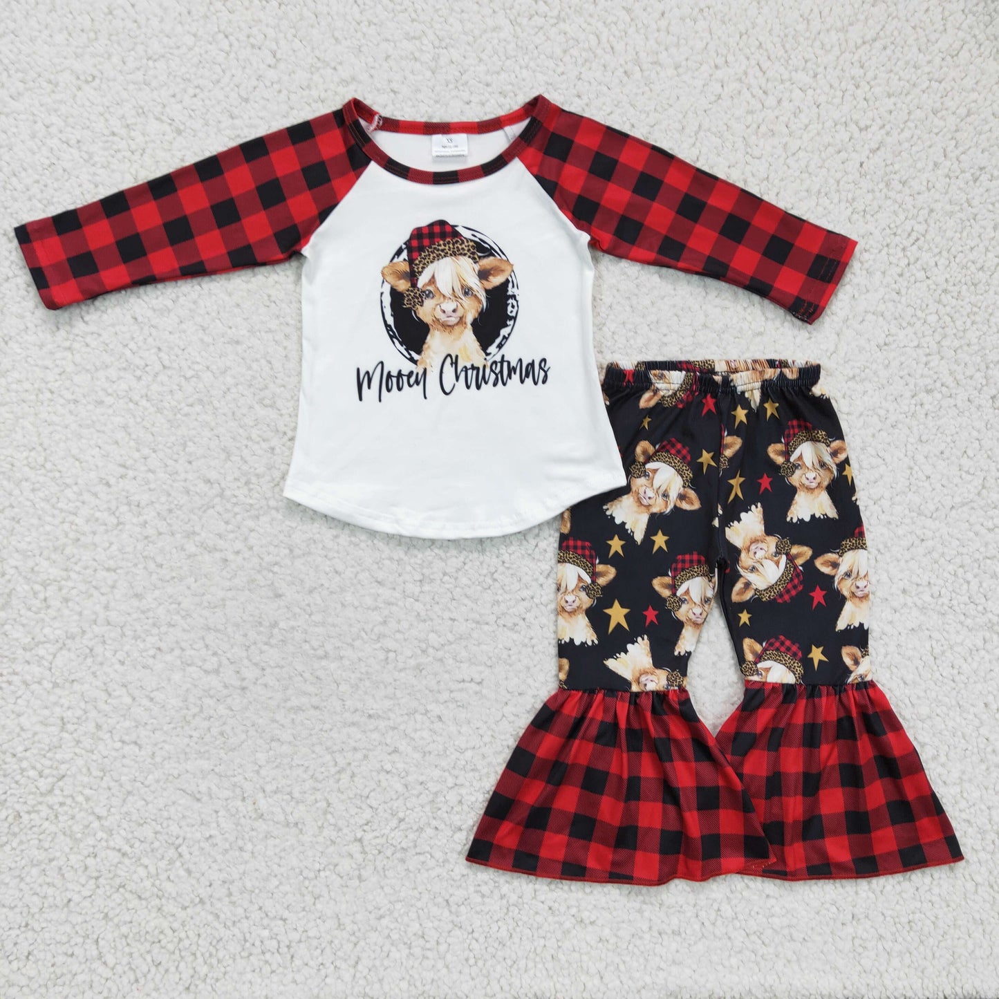 6 A7-11 merry christmas cute cow print plaid long sleeve raglan shirt and bell pants set