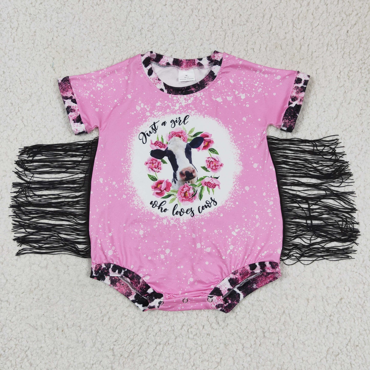 SR0105 baby girls short sleeve pink flowers and milk cow romper with tassel