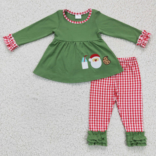 GLP0356 girl cotton green long sleeve top with santa and cookie embroidery plaid icing ruffle pants 2pieces set