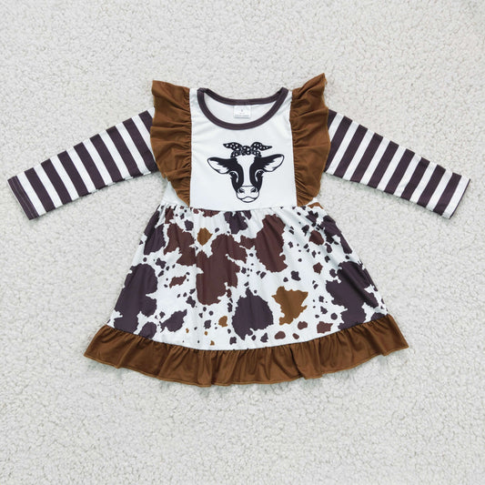 GLD0126 fashion girl ready to ship stripe long sleeve frock milk cow pattern twirl dress