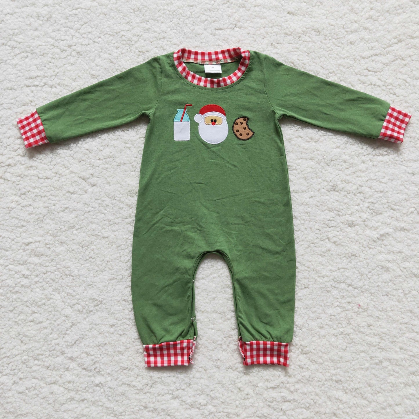 LR0232 infants boy christmas green cotton long sleeve embroidery romper with plaid o-neck