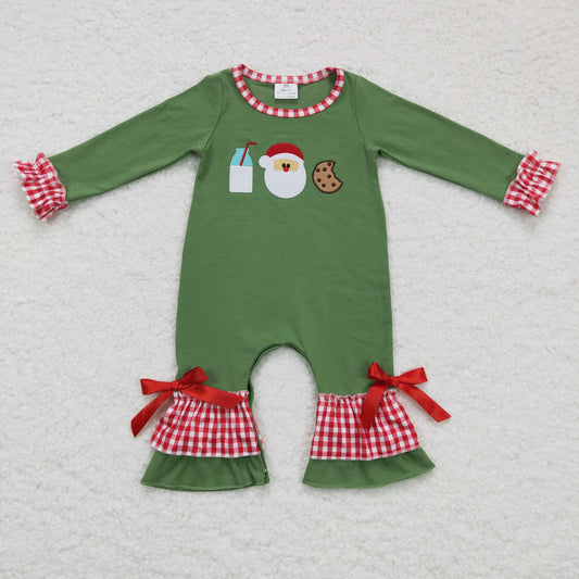 LR0233 merry christmas green cotton long sleeve romper with santa cookie embroidery