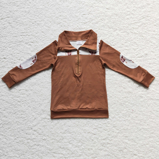 BT0104 boy ready to ship turn-down collar jacket kids brown long sleeve highland cow patch top