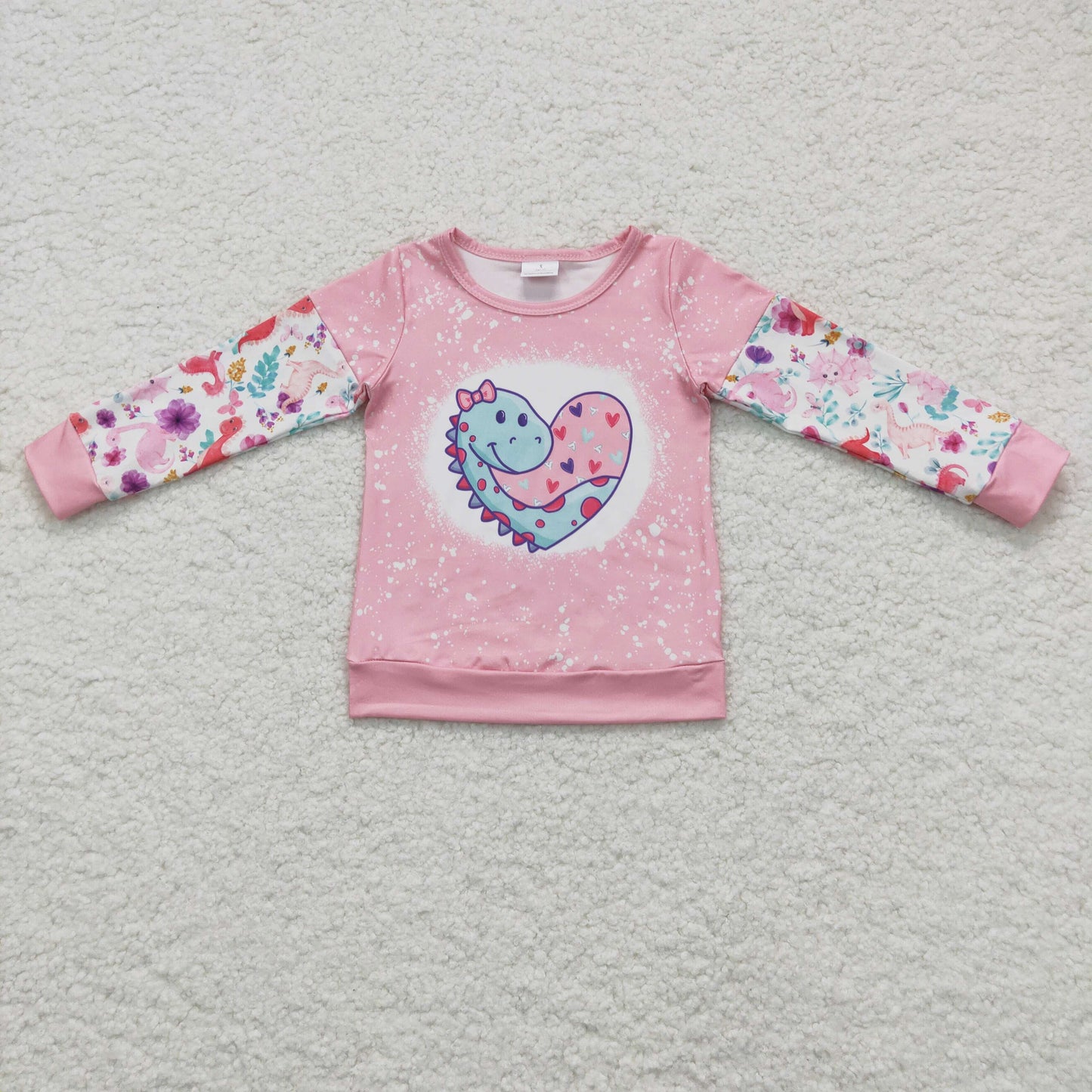 GT0087 girl pink stitching long sleeve heart dinosaur print top for valentine's day