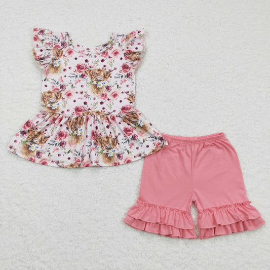 GSSO0133 girl summer flutter sleeve highland cow and flowers pattern top match pink cotton ruffles shorts
