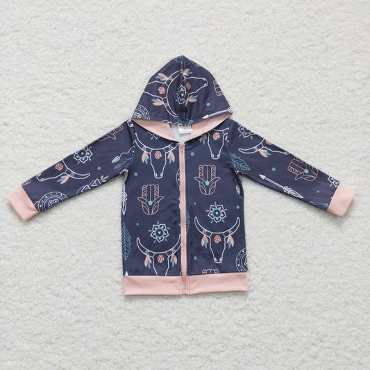 GT0059 girl dark blue long sleeve zipper hooded jacket autumn winter kids outwear