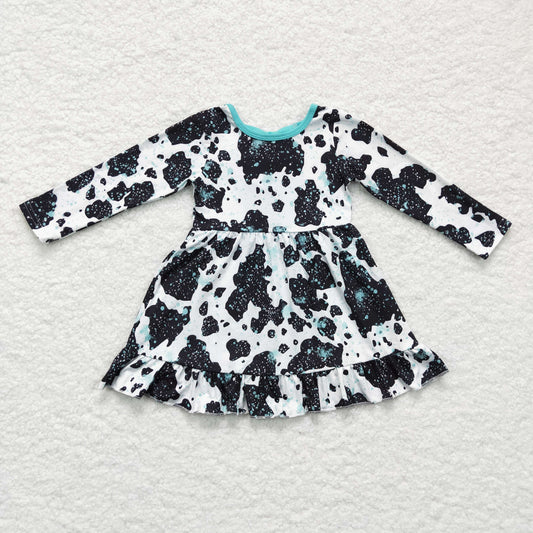 GLD0128 girl long sleeve milk cow print twirl dress with blue bow-knot