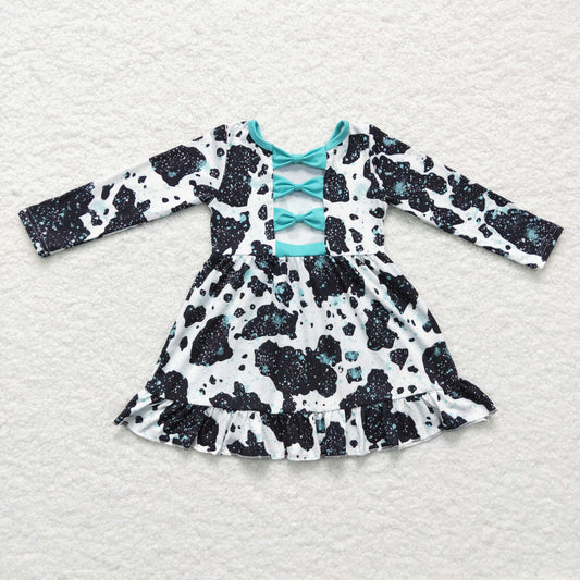 GLD0128 girl long sleeve milk cow print twirl dress with blue bow-knot