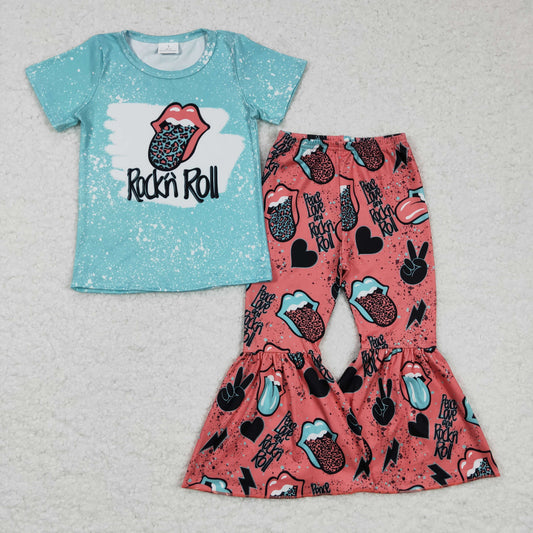 GSPO0255 girl blue short sleeve t-shirt match red elastic waist bell pants set