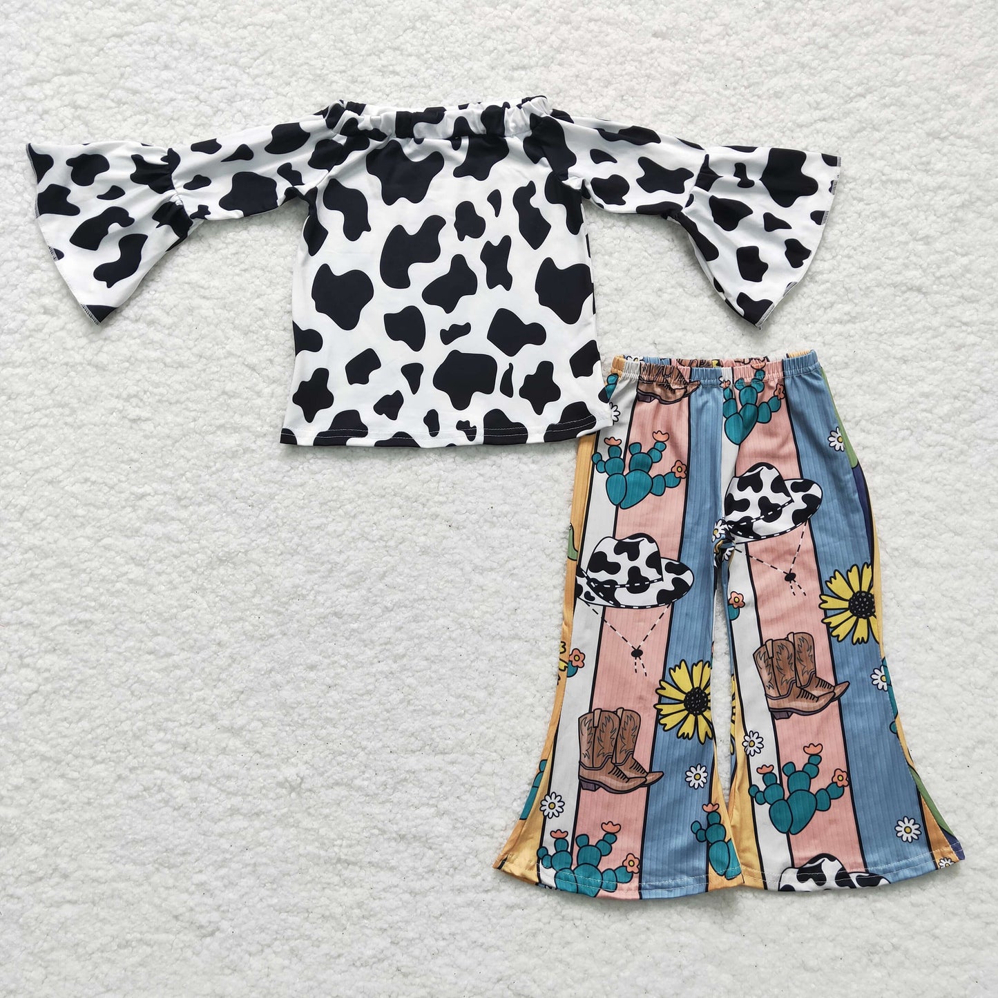 GLP0375 girl milk cow print long sleeve top match sunflowers and cactus bell pants 2pieces set