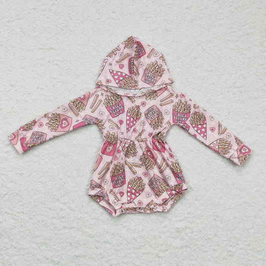 LR0244 baby girls long sleeve hooded heart and fries print romper