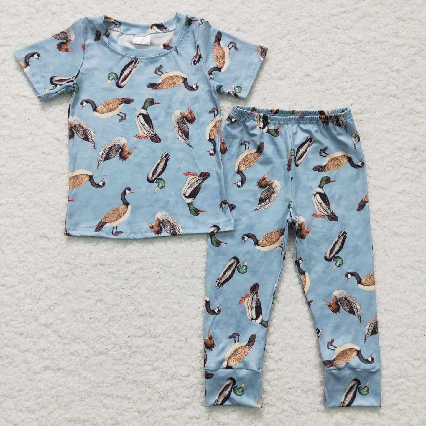 BSPO0042 boy blue short sleeve top and duck pattern elastic waist straight pants