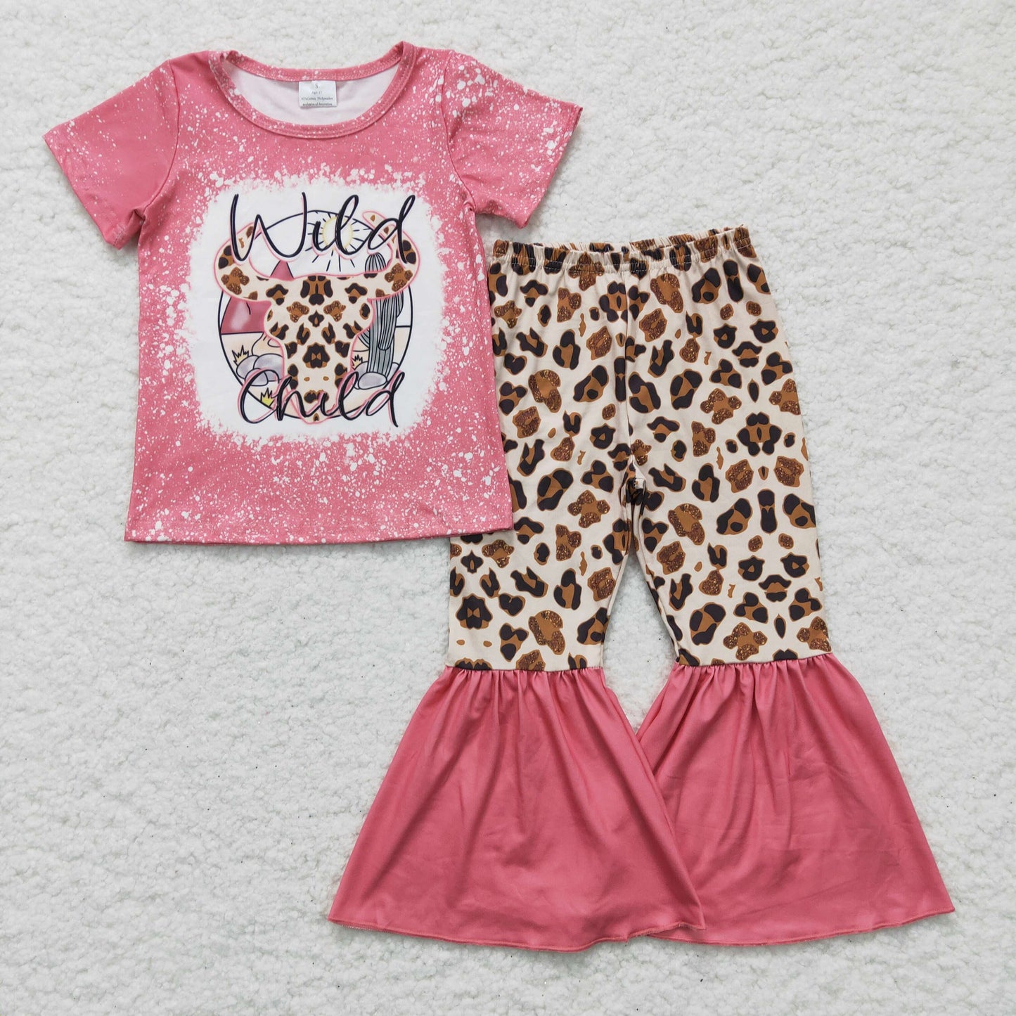 GSPO0254 girl pink short sleeve t-shirt match leopard stitching bell pants outfit