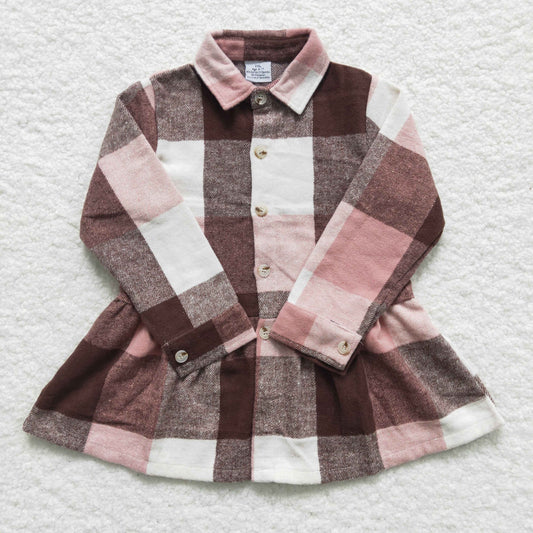 GT0089 fashion girl  high quality cotton plaid long sleeve tunic top kids turn-down collar shirt