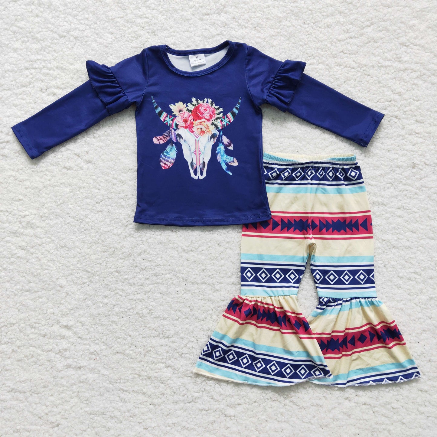 GLP0055 girl dark blue long sleeve cow print top and ellastic waist bell bottom 2pieces set