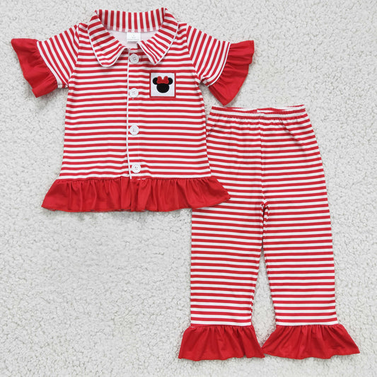 GSPO0256 girl red white stripe short sleeve top and elastic waist pants outfit