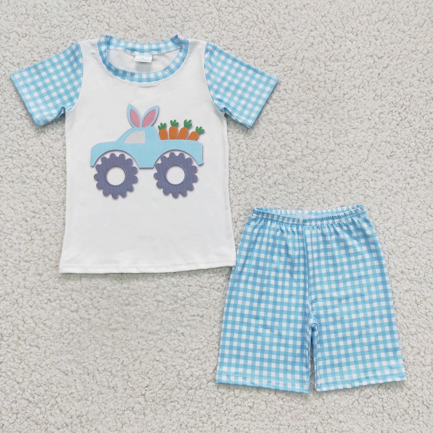 BSSO0091 boy blue white plaid short sleeve top and ealstic waist shorts kids carrot outfit for easter day