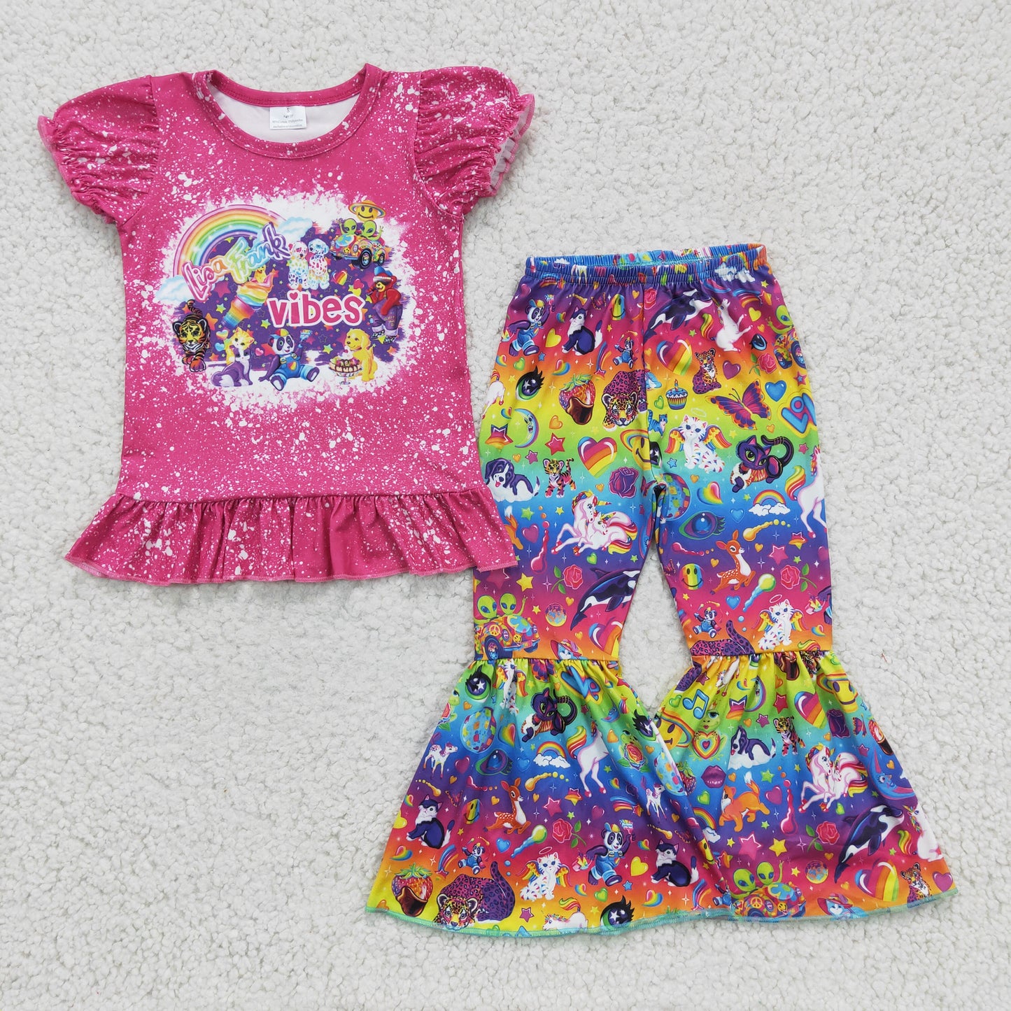 GSPO0276 girl rose red puff short sleeve top and colorful bell pants outfit