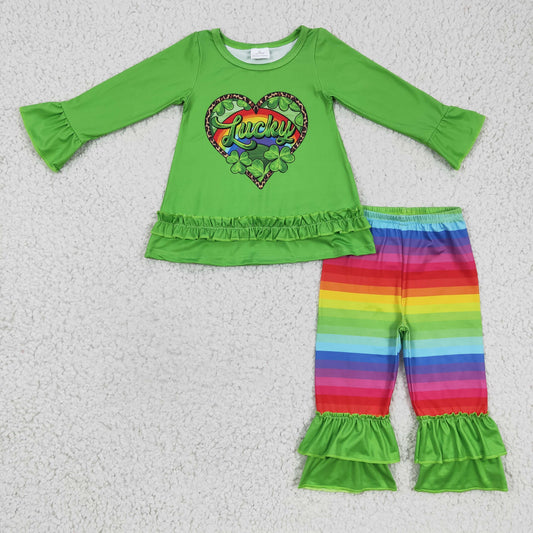 GLP0364 girl green long sleeve top with heart and rainbow ruffle pants 2pieces set for St Patrick's