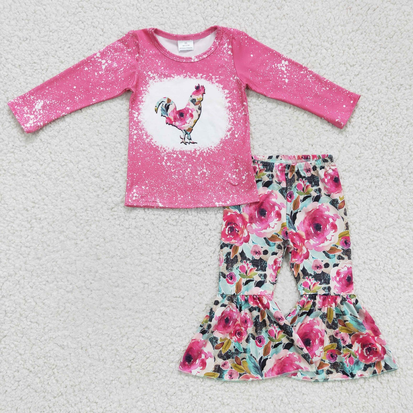 GLP0110 girl pink long sleeve Rooster printed top and flowers bell tottom 2pieces set