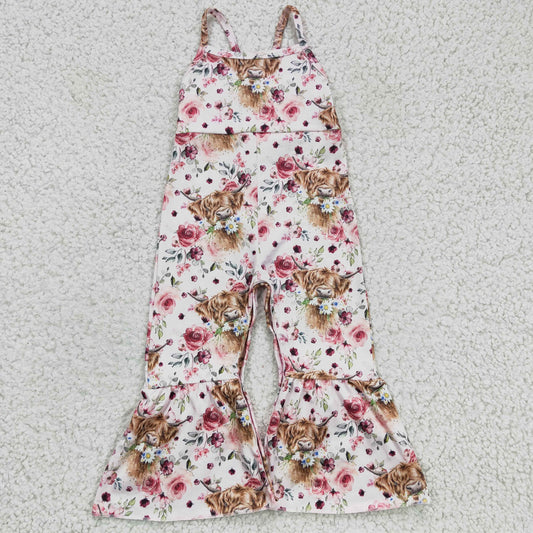 SR0114 girl fashion suspender overalls with highland cow and flowers pettern