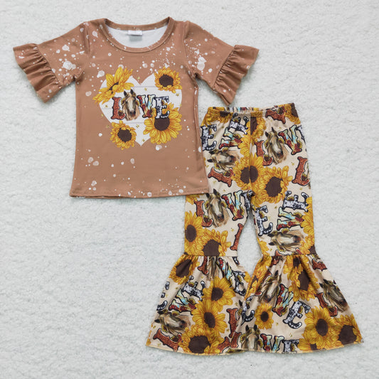 GSPO0277 girl coffee short sleeve top sunflowers print bell pants outfit