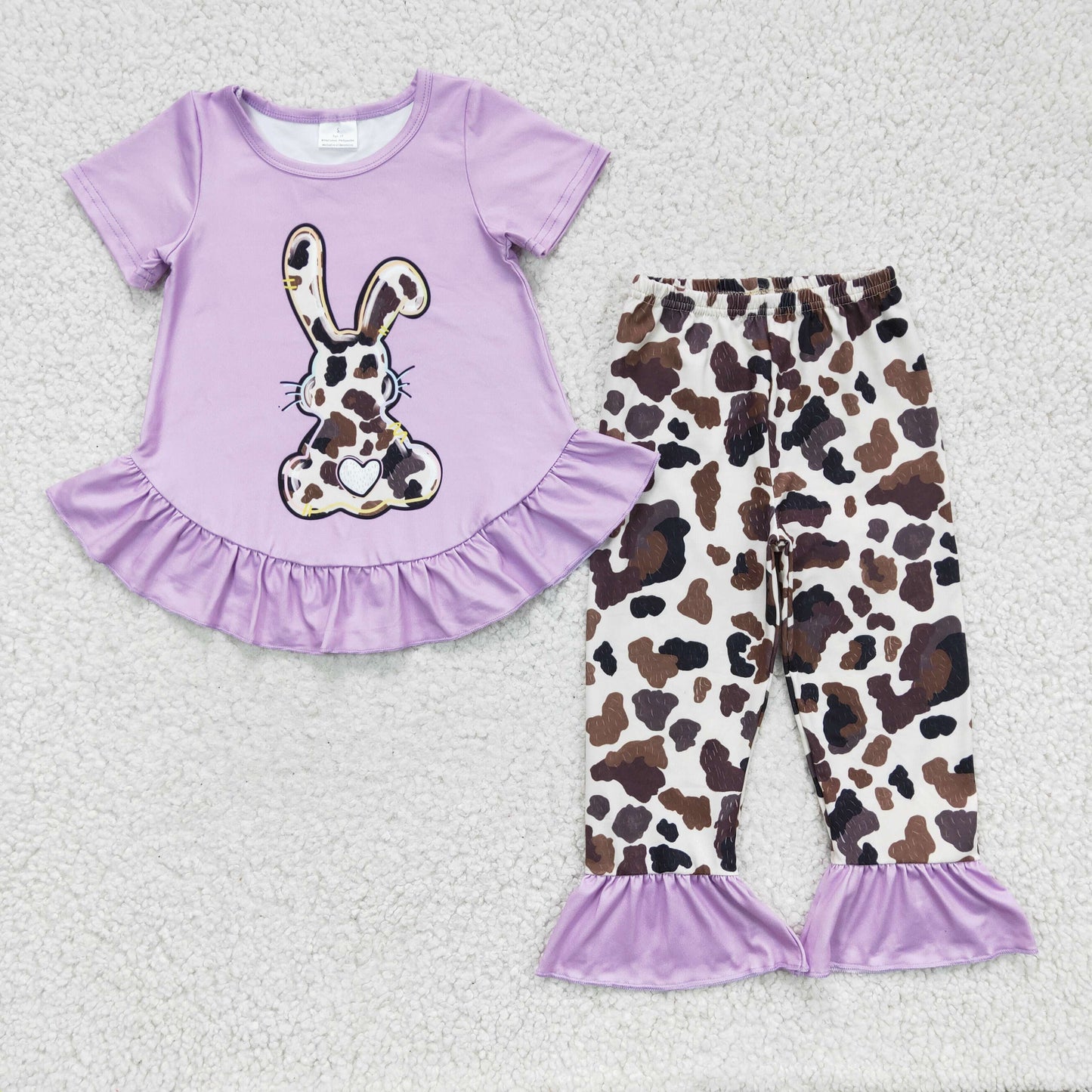 GSPO0238 girl purple short sleeve ruffle top match milk cow pattern elastic waist pants for easter day