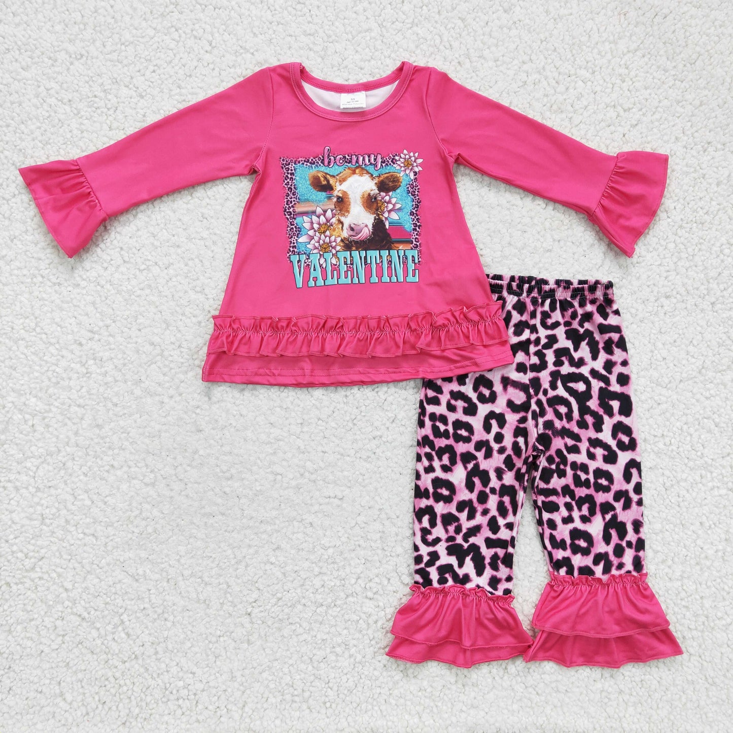 GLP0362 valentine's day girl rese red long sleeve cow pattern top and leopard ruffle pants set