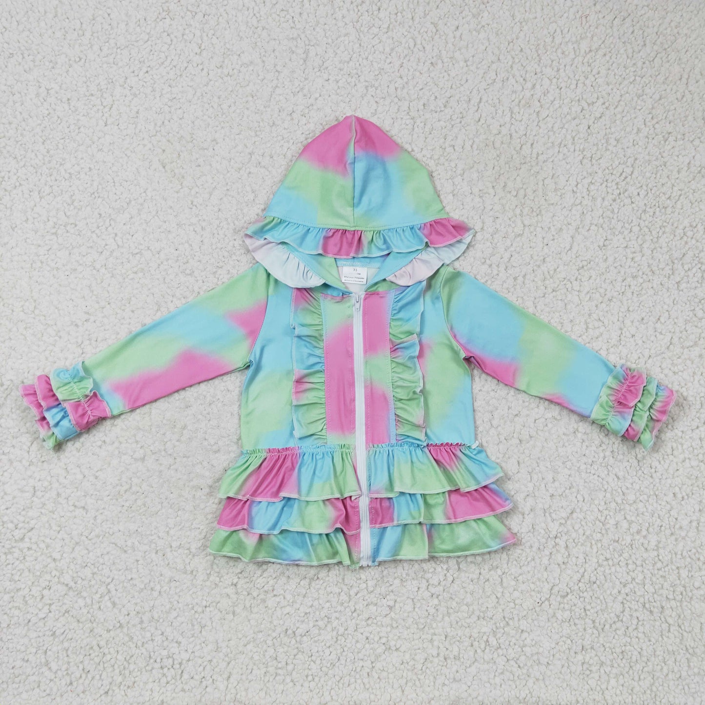 A23-16 girl colorful tie-dye long sleeve ruffle jacket with zipper kids fashion spring autumn hoodie