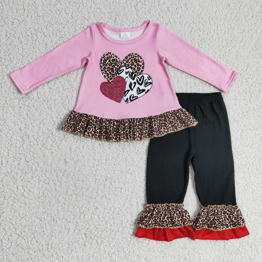 GLP0385 valentine's day girl pink long sleeve leopard heart top match black cotton ruffles pants