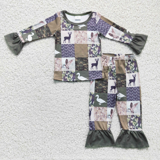 GLP0318 girl autumn long sleeve pajamas set with duck camo and deer pattern