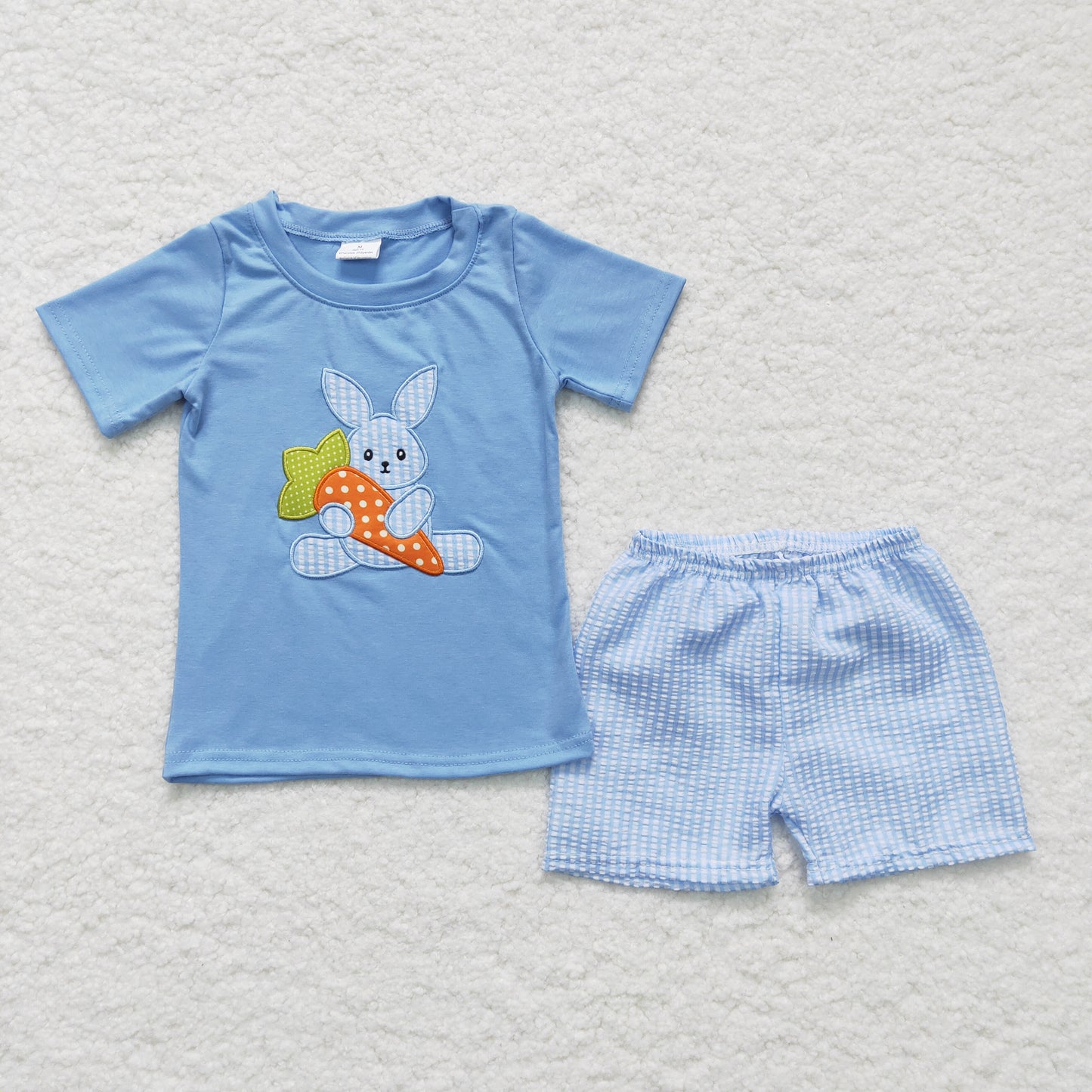 BSSO0087 boy blue cotton blue short sleeve t-shirt match seersucker plaid shorts set with rabbit embroidery